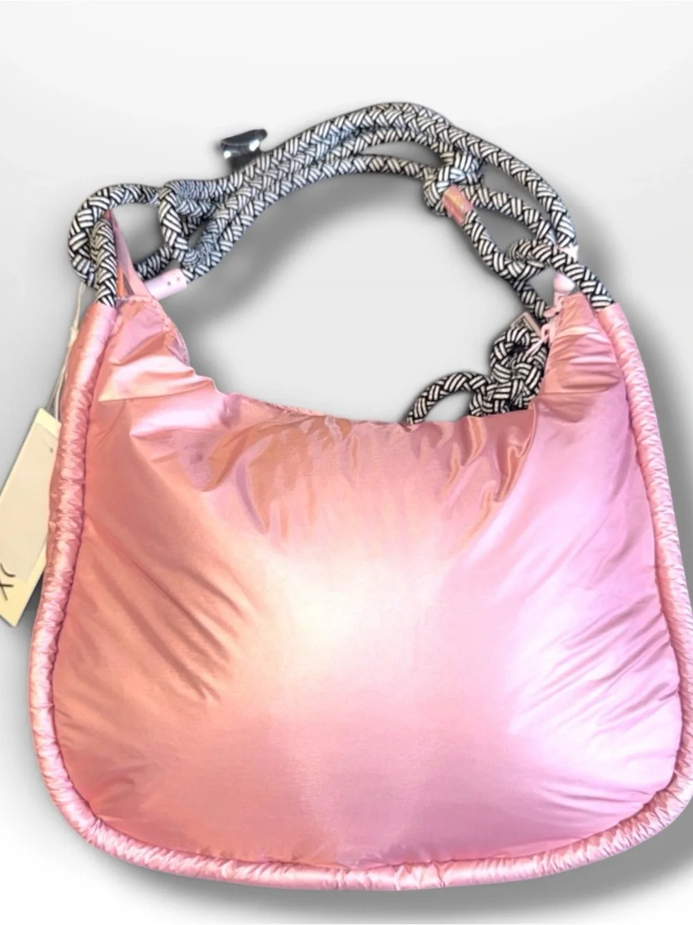 👩🏻‍⚖️Wildfox Light Pink Puffer Crossbody with Knotted Black & White Rope Strap